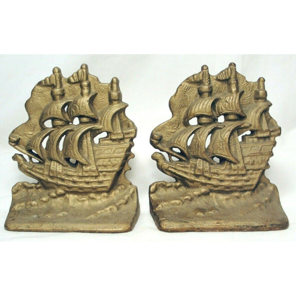 Vintage Sailboat Nautical Clipper Ship Metal Cast Iron Bookends Pair Door Stop